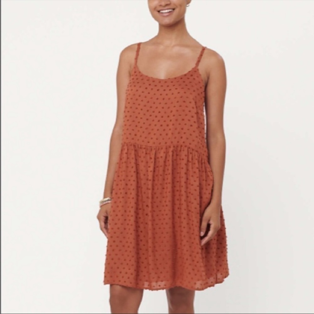 NWT Ann Taylor LOFT Dress Spaghetti Strap Swingy Flowy Swiss Polka Dot Rust XL